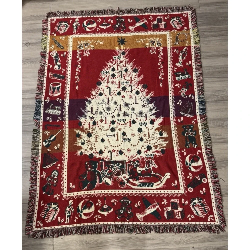 Vintage Christmas Tree Throw Blanket Tapestry Reversible 66x46